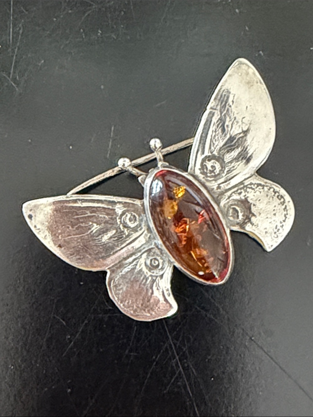 Vintage Amber Silver Moth Butterfly Pin